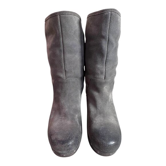 UGG Boots Women 6 Gray Leather Lynnea Fold Over Lined Wooden Clog Booties READ - Picture 2 of 12
